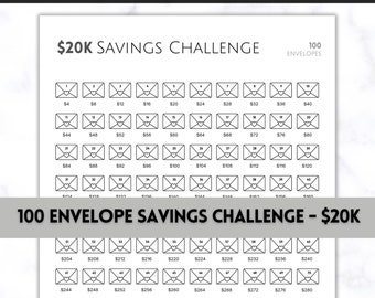 20k 100 Envelope Challenge Printable, 20000 Savings Tracker, 100 Day Challenge, Cash Envelopes, Money Saving, Save, Budget Envelope, Finance