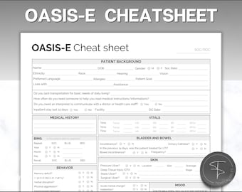 Pode incluir: Um formulário OASIS-E imprimível em preto e branco com seções para histórico do paciente, histórico médico, sinais vitais, bexiga e intestino, pele e humor. O formulário inclui caixas de seleção, campos de texto e uma seção para notas.