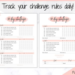 May include: A printable 30-day challenge tracker with a pink watercolor background. The tracker includes sections for each week of the challenge, with checkboxes for daily tasks such as following a meal plan, working out, drinking water, taking a progress photo, and reading a book. The tracker also includes a section for recording what went well and what to work harder on. The tracker is labeled "30 day challenge" and "Item 1".