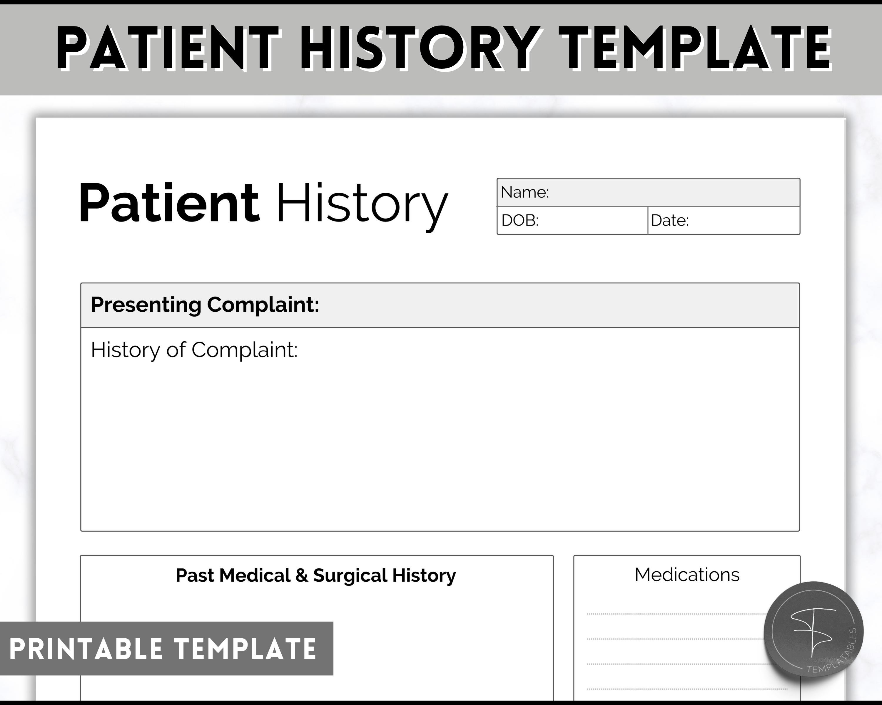 Printable Patient History Sheet, Medical History Patient Report Sheet, Nursing School, Medical Student, Assessment Template, US Letter