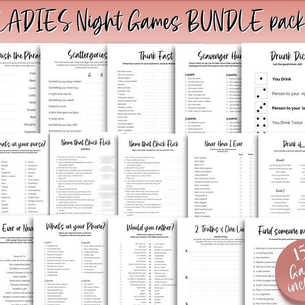 Ladies Night Games BUNDLE, 15 printable games for Girls Night In, Galentines weekend, drinking, slumber party, adult, whats in your phone