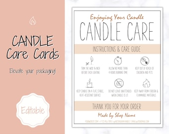 May include: A printable candle care card with instructions on how to enjoy your candle. The card is peach and brown with black text and icons. The text includes "Enjoying Your Candle", "Candle Care", "Instructions & Care Guide", "Trim the wick 1/4 inch before each lighting", "Allow no more than 4 hours burning time", "Keep out of reach of children and pets", "Keep candle on a flat, stable, heat-resistant surface", "Do not leave unattended when candle is lit", "Keep away from foreign & flammable materials", "Thank You For Your Order", "Made by Shop Name", "Yourwebsite.com", "+1 123 456 7890", "Instagram Handle", "Email@youremail.com".