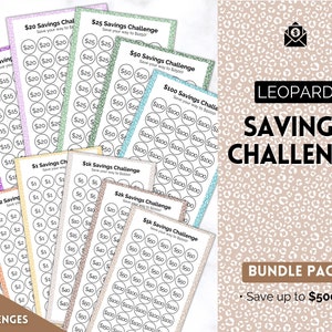Könnte beinhalten: Ein Bundle-Paket mit 12 druckbaren Spar-Challenge-Diagrammen mit Leopardenmuster-Hintergrund. Die Diagramme sind so konzipiert, dass sie Ihnen helfen, Geld zu sparen, mit Beträgen von 1 € bis 100 €. Der Text auf dem Bild lautet "Leopard Savings Challenge Bundle Pack - Save up to €5000."