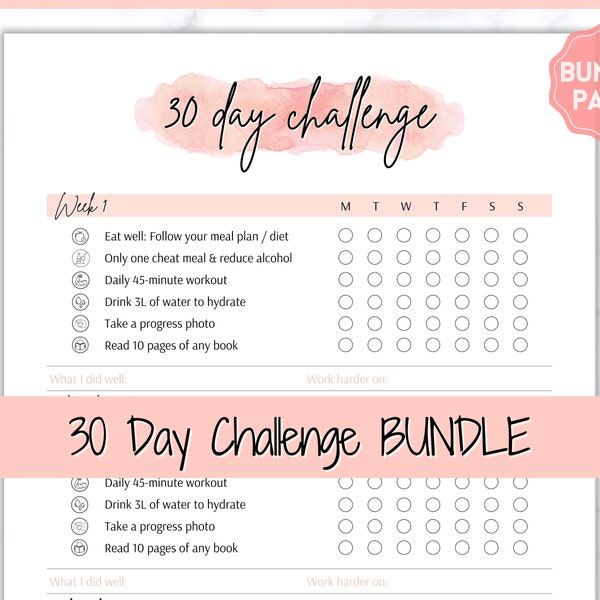 EDITABLE 30 Day Challenge Tracker, 30 Day Habit Tracker Printable, Weight Loss Journal, Fitness Planner, Health, Meal, Reading, Wellness