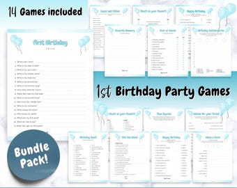 BOY'S First Birthday Party Games, Printable Games BUNDLE, Baby’s 1st birthday, 1 year old birthday, boy, trivia, neutral boho signs