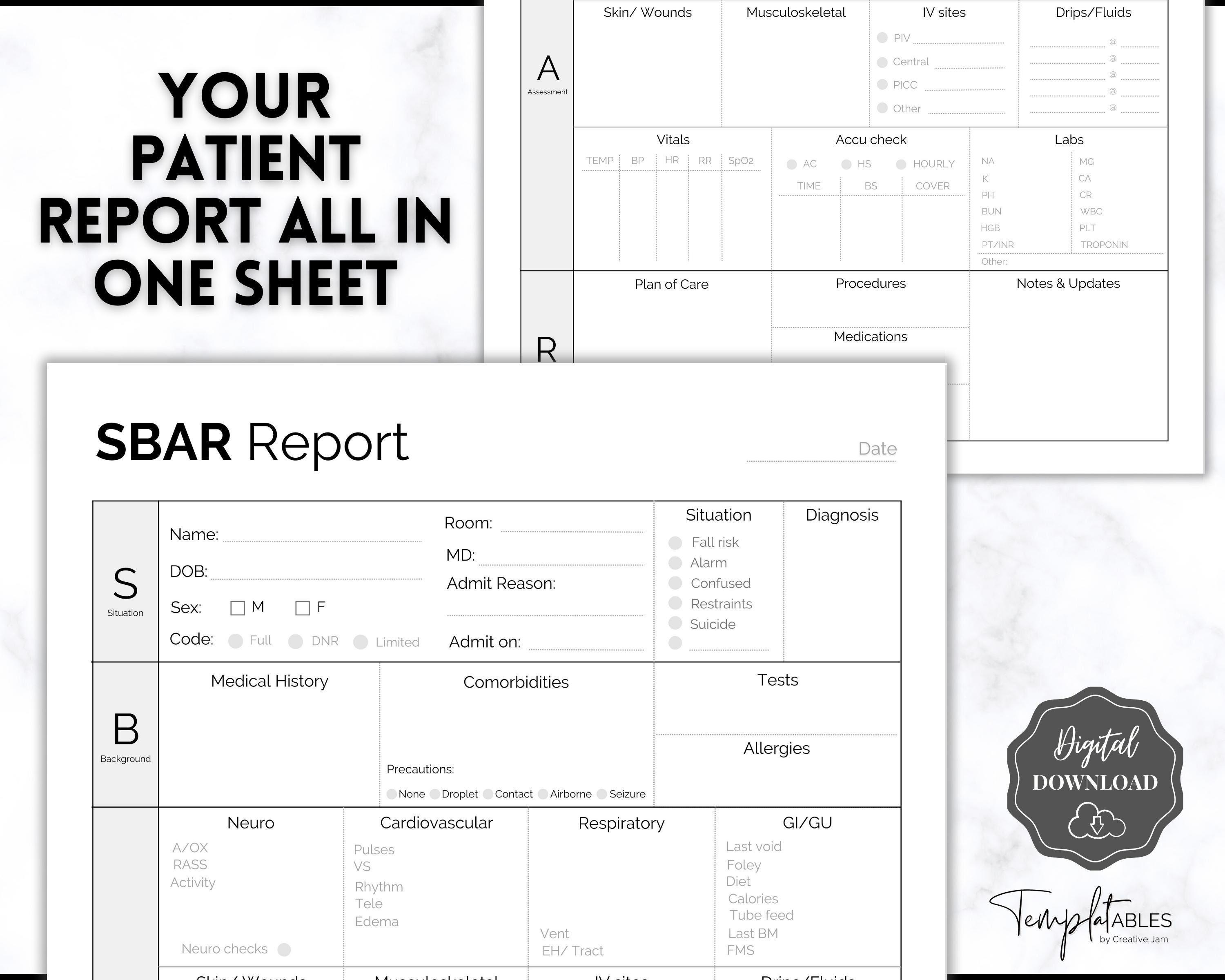 SBAR Nurse Report Sheet, Nurse Brain Sheet, ICU Nurse Report, RN ...
