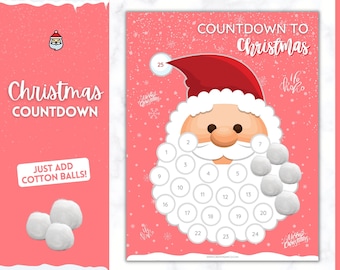Santa Christmas Countdown! Countdown to Christmas Printable, Cotton Ball Beard, Kids Santa Claus Advent Calendar, Xmas Sign, Activity Poster