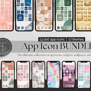 May include: A collection of 17 different app icon themes with 13,000 app icons. The themes include Rose Gold, Blue, Neutral, Green, Gold, Glitter, Fall, Bono, Rose, Grey, Rainbow, Purple, Glammed, and more. The text "App Icon Bundle" is displayed in the centre of the image. The text "The ultimate collection of app icons, widgets, wallpaper and more" is displayed below the bundle title.