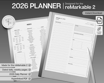 2026 Daily Planner for reMarkable 2, Digital Planner, Hyperlinked calendar, Minimalist Daily Schedule, Task List, Templates for reMarkable