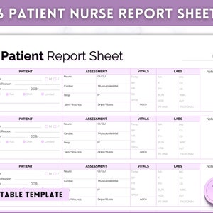 6 Patient Nurse Report Sheet, Nurse Brain Sheet, ICU Nurse Report, RN Nursing, Nurse Grad, SBAR, Patient Assessment, Printable Template