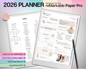 Puede incluir: Un planificador digital de 2026 diseñado para el reMarkable Paper Pro. El planificador incluye páginas diarias y semanales con fechas, un PDF con hipervínculos y un índice. También se ve un lápiz óptico y una pegatina rosa.