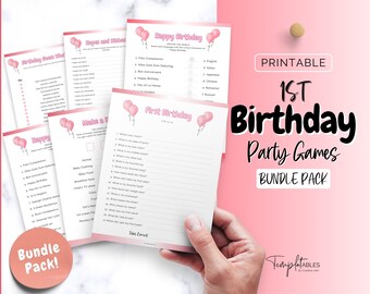 1e verjaardagsgames MEISJE, afdrukbare bundel van 14 partygames voor baby's 1e verjaardag, 1-jarige verjaardag, meisje, trivia, neutrale boho-borden