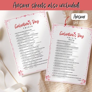 Pu&ograve; includere: Un gioco di trivia di Galentine's Day stampabile con chiave di risposta. Il gioco presenta cuori rosa e un bordo floreale rosa e bianco. Le domande della trivia riguardano San Valentino.