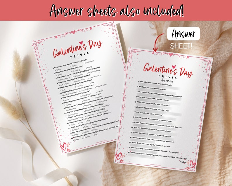 Pu&ograve; includere: Un gioco di trivia di Galentine's Day stampabile con chiave di risposta. Il gioco presenta cuori rosa e un bordo floreale rosa e bianco. Le domande della trivia riguardano San Valentino.