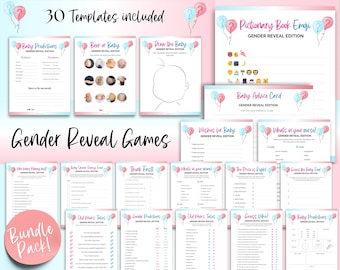 May include: A bundle of gender reveal games with a pink and blue theme. The image includes various game templates such as "Baby Predictions," "Beer or Baby," and "Draw the Baby." Text includes "30 Templates included" and "Gender Reveal Games."