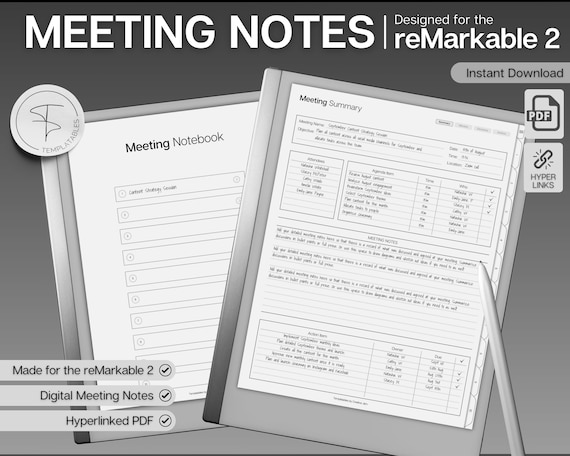 Meeting Minutes Templates for the reMarkable 2 | Meeting Agenda, Meeting Note taking template, Project planner, Task List, Productivity