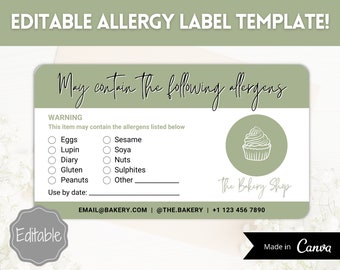 Allergen Label Template, Editable allergy Label, Allergy Information Stickers, Cakes, Baking business, Canva, Food Warning, Alert, Cupcakes