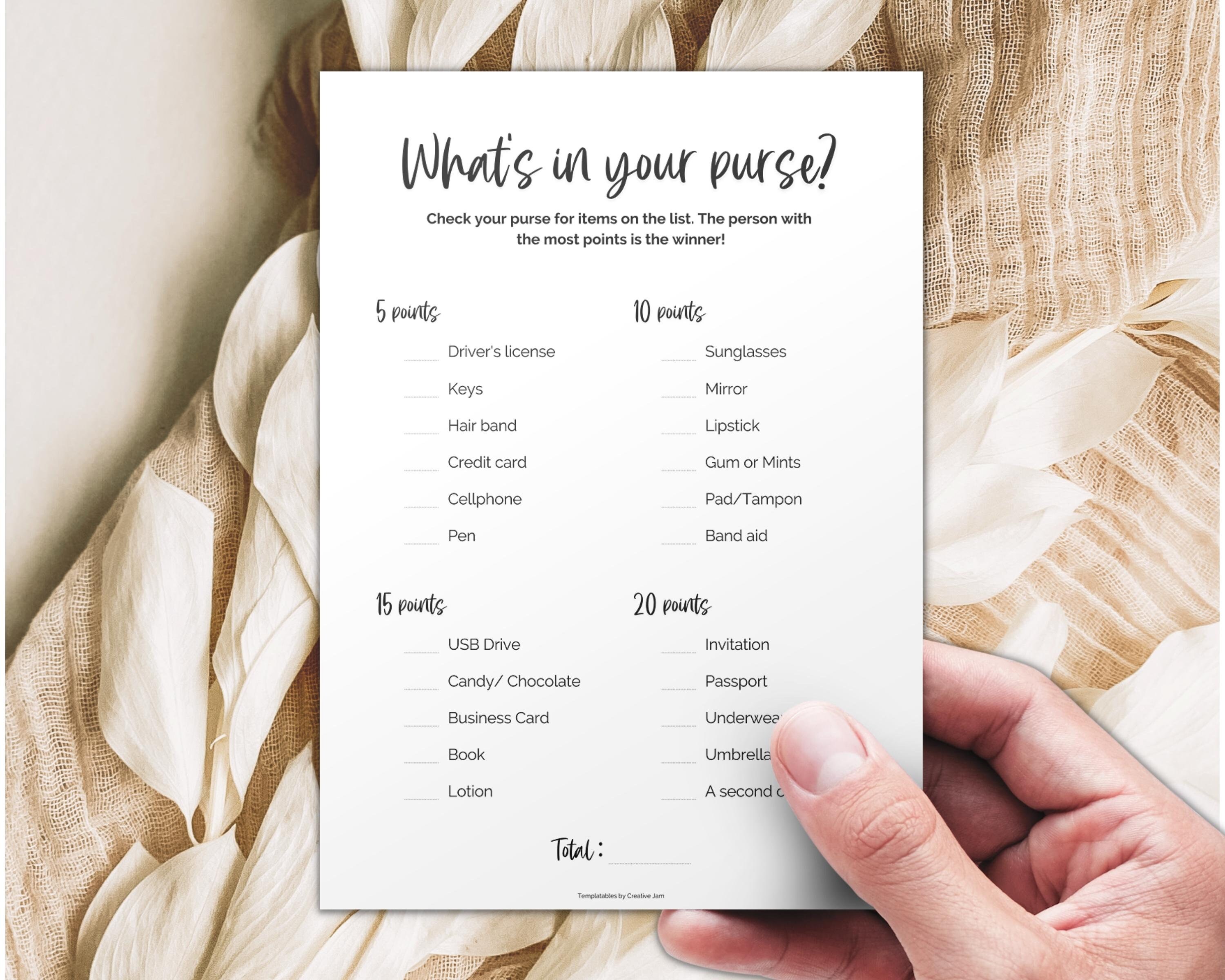 Whats in Your Purse Baby Shower Game, Printable Baby Shower Games ...