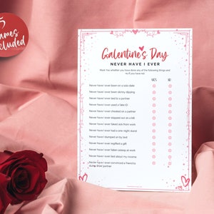 Pu&ograve; includere: Un gioco da tavolo stampabile per il Galentine's Day con il titolo "Never Have I Ever". Il gioco include 15 domande a cui i giocatori devono rispondere con "s&igrave;" o "no". Le domande sono stampate su uno sfondo bianco con cuori rosa e un bordo rosa.