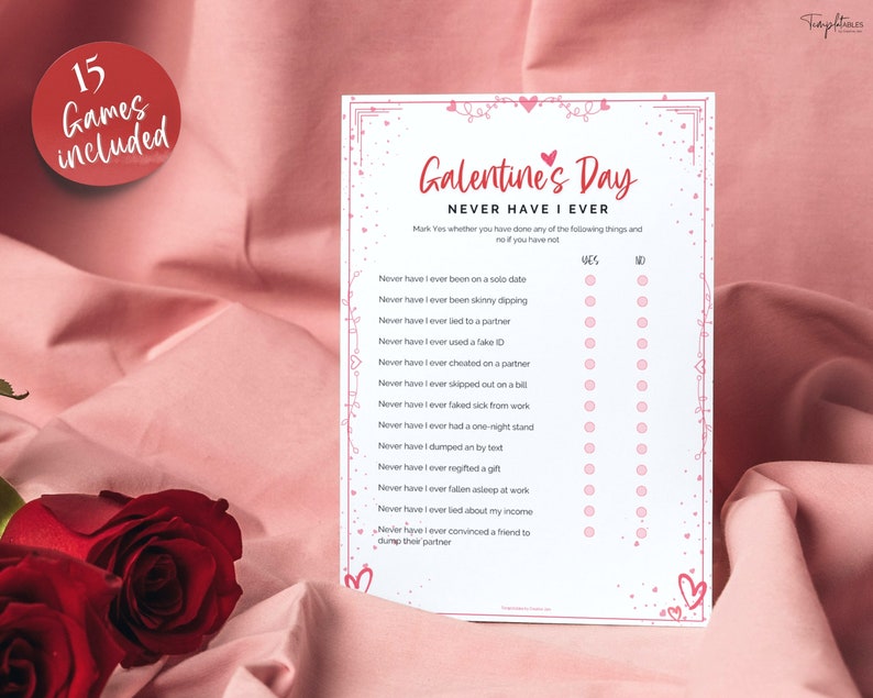 Pu&ograve; includere: Un gioco da tavolo stampabile per il Galentine's Day con il titolo "Never Have I Ever". Il gioco include 15 domande a cui i giocatori devono rispondere con "s&igrave;" o "no". Le domande sono stampate su uno sfondo bianco con cuori rosa e un bordo rosa.