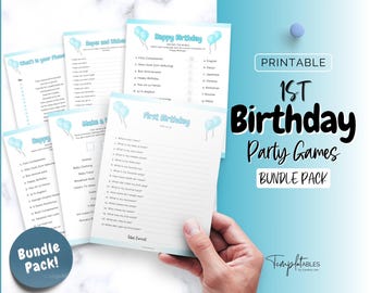 1st Birthday Games BOY, Printable Bundle of 14 party games for baby’s 1st birthday, 1 year old birthday, boy, trivia, neutral boho signs