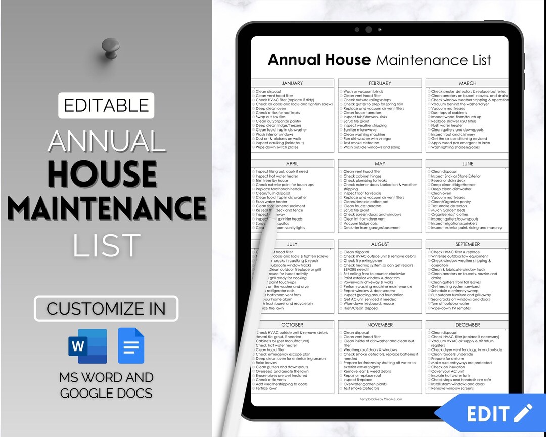 House Maintenance List, EDITABLE Annual Cleaning Checklist, Home