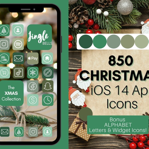 GREEN Theme iOS 14 App Icons, 850 Festive Christmas iPhone App Icons, Aesthetic Home Screen Icon & Widget, Winter Icon Covers, Holidays Xmas