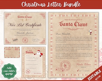 Könnte beinhalten: Druckbarer Weihnachtsbrief-Paket mit einem Zertifikat, einem Brief und einem Formular für Kinder, um an den Weihnachtsmann zu schreiben. Das Zertifikat lautet "Nett-Liste-Zertifikat" und der Brief ist an "Charlotte" adressiert.
