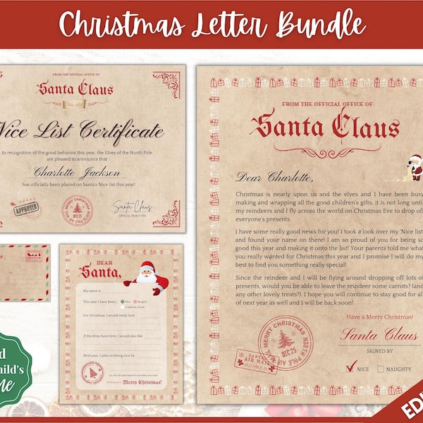 Santa Letter BUNDLE! Letter From Santa, Nice List Certificate, Letter To Santa, Kids Father Christmas Printables, Dear Santa Claus, Holidays