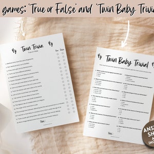 May include: Two printable game sheets for a twin baby shower. The first sheet is a true or false quiz about twins. The second sheet is a trivia game about twins. Both sheets have a title and a space for the player's name.