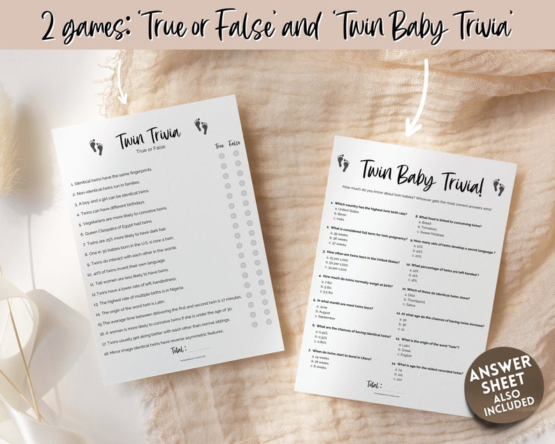 May include: Two printable game sheets for a twin baby shower. The first sheet is a true or false quiz about twins. The second sheet is a trivia game about twins. Both sheets have a title and a space for the player's name.