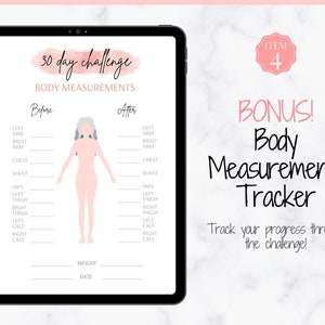 May include: A printable 30-day challenge tracker for body measurements. The tracker includes a before and after section for recording measurements of the left and right arm, chest, waist, hips, thigh, and calf. The tracker also includes a section for recording weight and date.