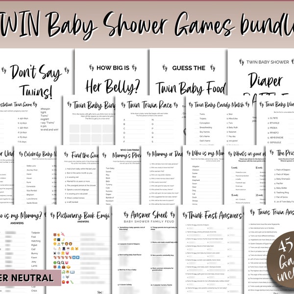 TWIN Baby Shower Games BUNDLE, 45 Twins Baby Shower Activity, Twin Trivia, whats in your purchase, Bingo, Word Scramble, Boho, Woodland