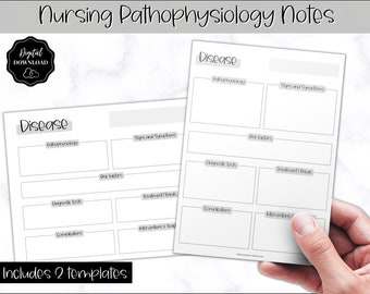 May include: Two printable nursing pathophysiology note templates. Each template includes sections for disease name, pathophysiology, signs and symptoms, risk factors, diagnostic tools, treatment methods, complications, and interventions.
