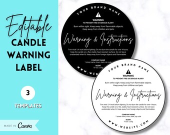 EDITABLE Candle Warning Label Template, Candle Care & Fire Safety Instructions, Packaging Label, Round Circle Care Card, Candle Maker Seller