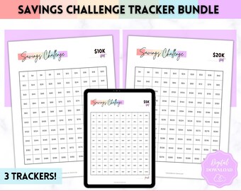 Saving Challenges BUNDLE, 5k, 10k & 20k Savings Tracker Printables, 5000, 10000, 20000, 100 Day, Cash Envelopes, Save Money, Budget, Finance