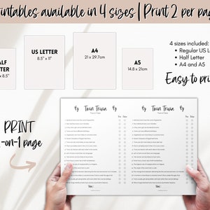 May include: Printable twin trivia game in black and white with a footprint design. The game is available in four sizes: regular US letter, half letter, A4, and A5. The text "Twin Trivia" is at the top of the page. The game is designed to be printed two per page.