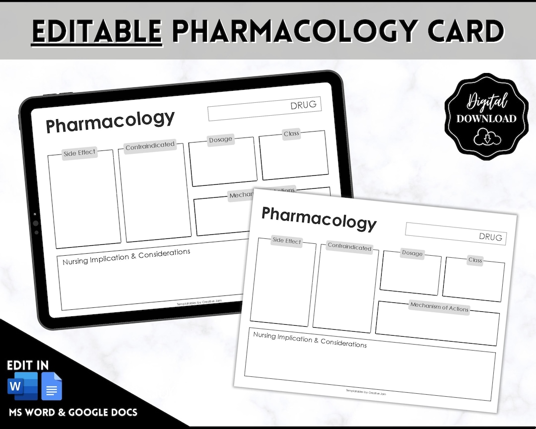 Drug Card Template, EDITABLE Nursing Pharmacology Printable, Nursing
