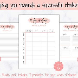 May include: Printable 30-day challenge planner with a pink watercolor background. The planner includes a reading list, meal planner, and grocery shopping list. The text "30 day challenge" is written in black on each page.
