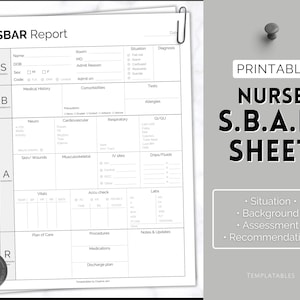 SBAR Nurse Brain Sheet, Nurse Report Sheet, ICU Nurse Report, RN Nursing, New Grad, sbar Brain Sheet, Patient Assessment, Printable Template