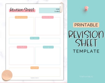 May include: Printable revision sheet template with sections for pathophysiology, clinical features, risk factors, investigations, management, and key points. The template has a light blue background with pink and yellow accents.