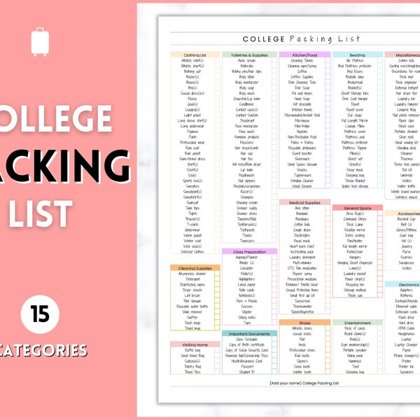 College Packing List Printable, Back to School, Packing Checklist, Student Planner, College Essentials, Travel Moving College Dorm Checklist