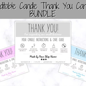 May include: Three editable thank you cards for candle businesses. Each card has a pink, white, or blue background with the text "Thank You!" and "For supporting our small business". The cards also include candle care instructions and a space for the shop name, website, phone number, Instagram handle, and email address.