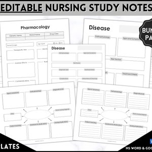 May include: Seven printable nursing study note templates in black and white. The templates are designed for pharmacology and disease information. The templates include sections for generic name, brand name, drug class, route of dosage, therapeutic uses, adverse effects, contraindications, mechanism of action, pathophysiology, signs and symptoms, risk factors, treatment and medications, nursing implications, and more.