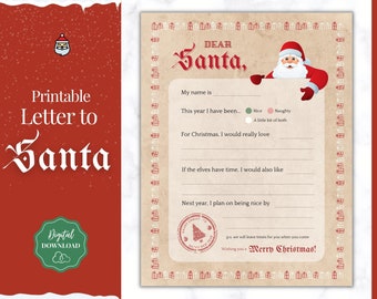 Printable Kids Letter to SANTA Claus, Christmas Wish List, Father Christmas Letter, Dear Santa Letter, Holidays, North Pole Mail, Nice List