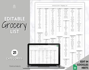 EDITABLE Grocery List, Master Grocery List Printable, Weekly Shopping, Meal Planner Checklist, Kitchen Organization Template, Google Sheets