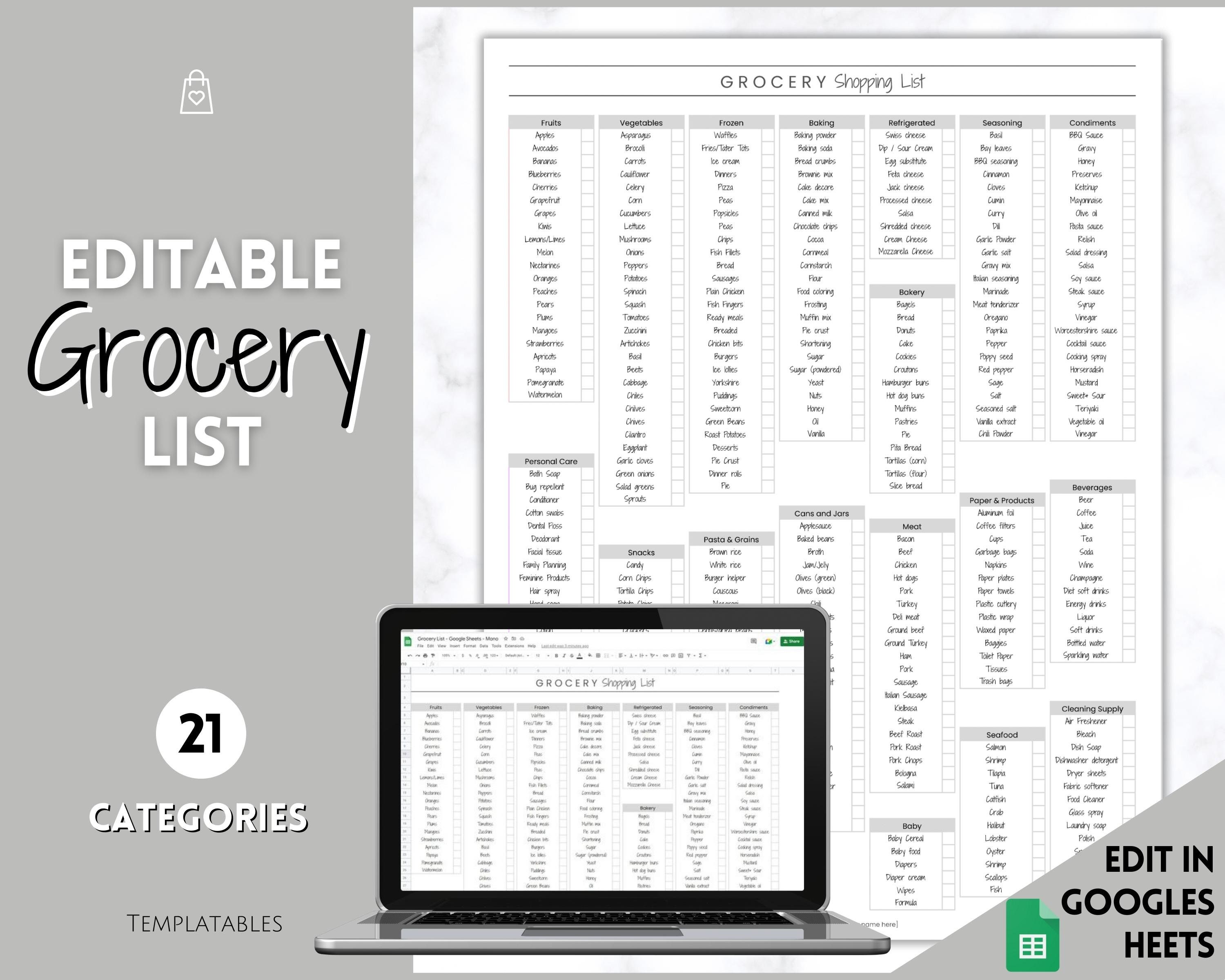 Master grocery list: print and edit as needed.