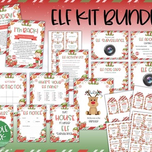 May include: A printable Elf Kit Bundle for Christmas. The kit includes a variety of printable activities, including a tic-tac-toe game, an elf adoption certificate, an elf surveillance notice, and more. The kit is decorated with a red and green striped pattern and features illustrations of elves and gingerbread men.