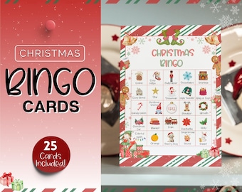 May include: A set of 25 Christmas Bingo cards with a red, white, and green color scheme. The cards feature various Christmas-themed images, including a gingerbread man, a snowman, a train, and a wreath. The text "CHRISTMAS BINGO" is printed in bold letters at the top of the card.