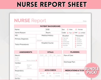 Nurse Report Sheet Bundle, 5 Colors, Nurse Brain Sheet, ICU Nurse Report, RN Nursing, New Grad, SBAR, Patient Assessment, Printable Template